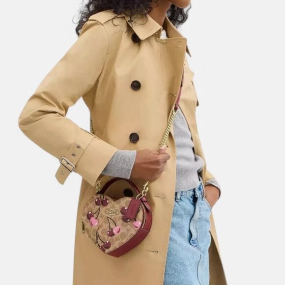 COACH Heart Crossbody Bag Signature Cherry Print Canvas CY706 Tan and Red - Picture 2 of 16